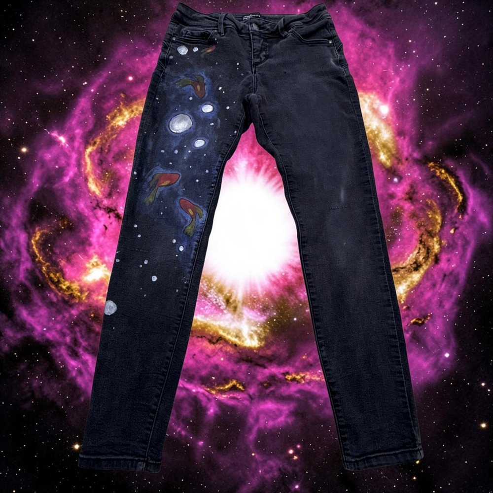 Miss Poured in Blue Hand Painted Celestial Spaced Womens Sz 6 Skinny Jeans Black